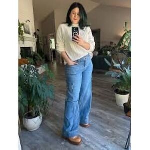 American Eagle Cargo Jeans Womens 2 Regular Blue Wide‎ Leg High Waisted Stretch